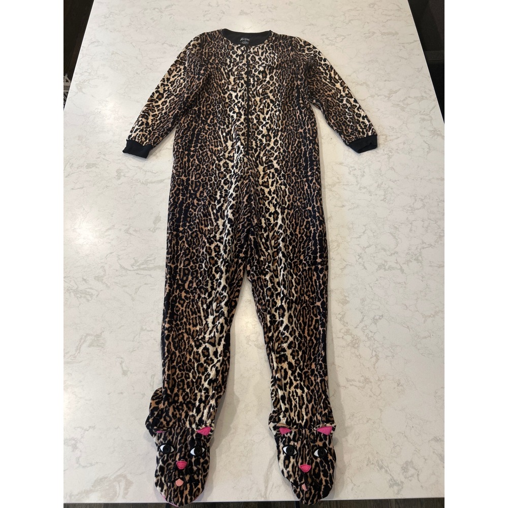 Nick & Nora Footed Pajamas Women S Leopard Animal Print Fleece Cat Face Zip Cute